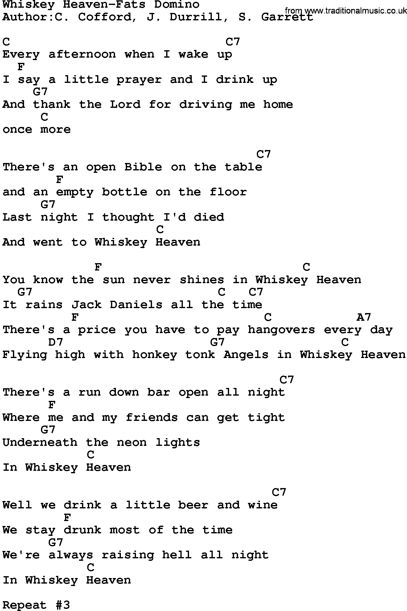 Country music song: Whiskey Heaven-Fats Domino lyrics and chords