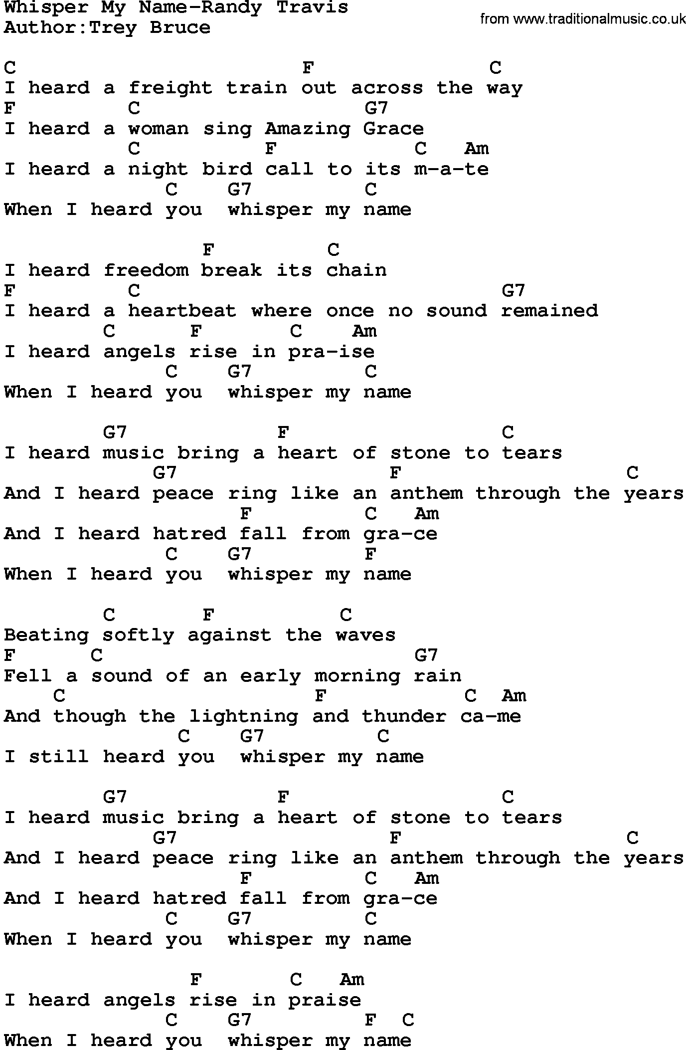 Country music song: Whisper My Name-Randy Travis lyrics and chords