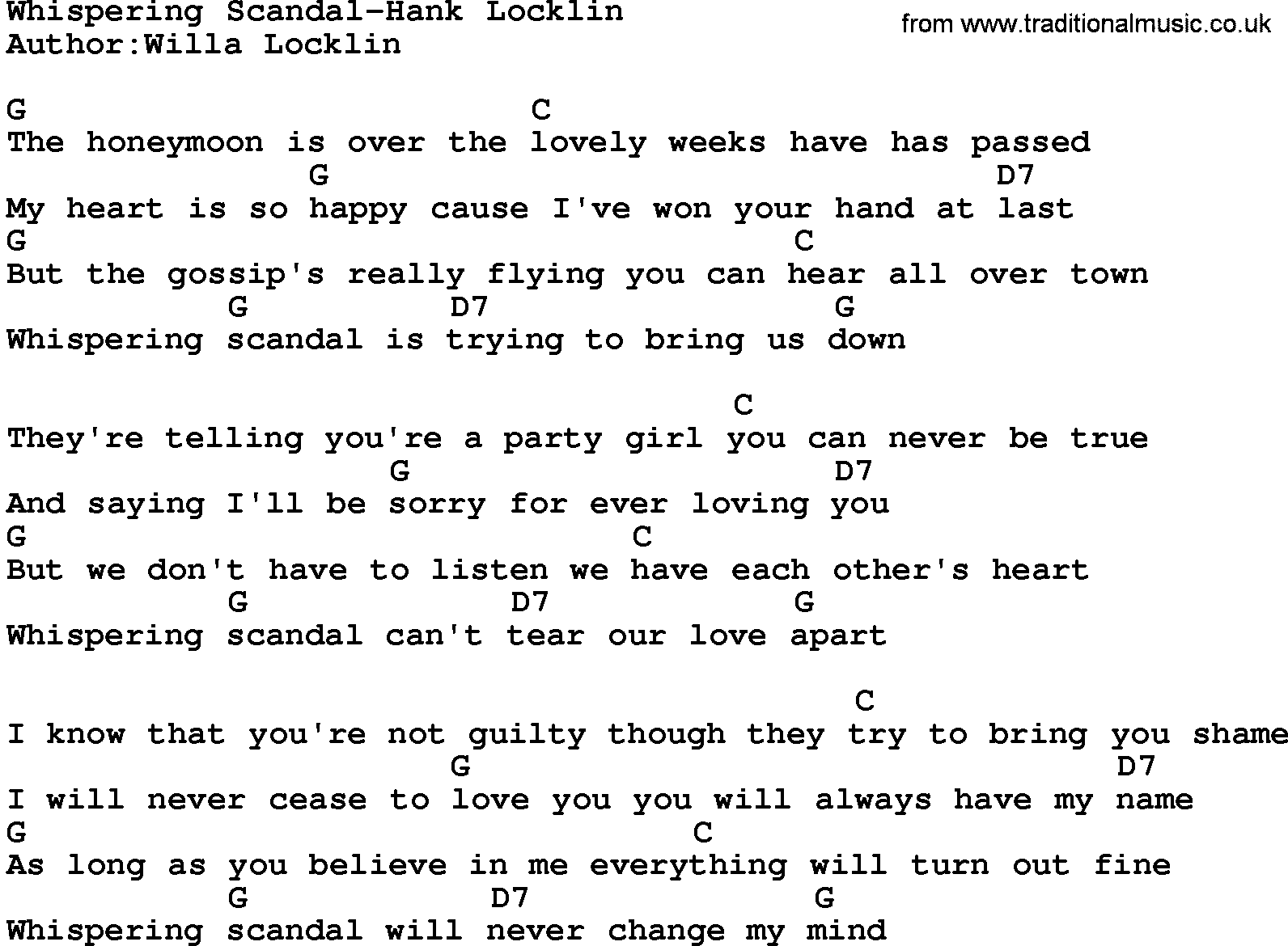 Country music song: Whispering Scandal-Hank Locklin lyrics and chords