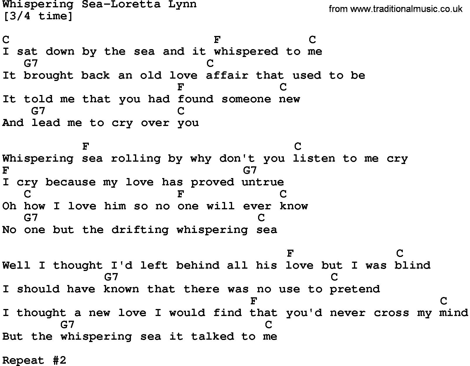 Country music song: Whispering Sea-Loretta Lynn lyrics and chords