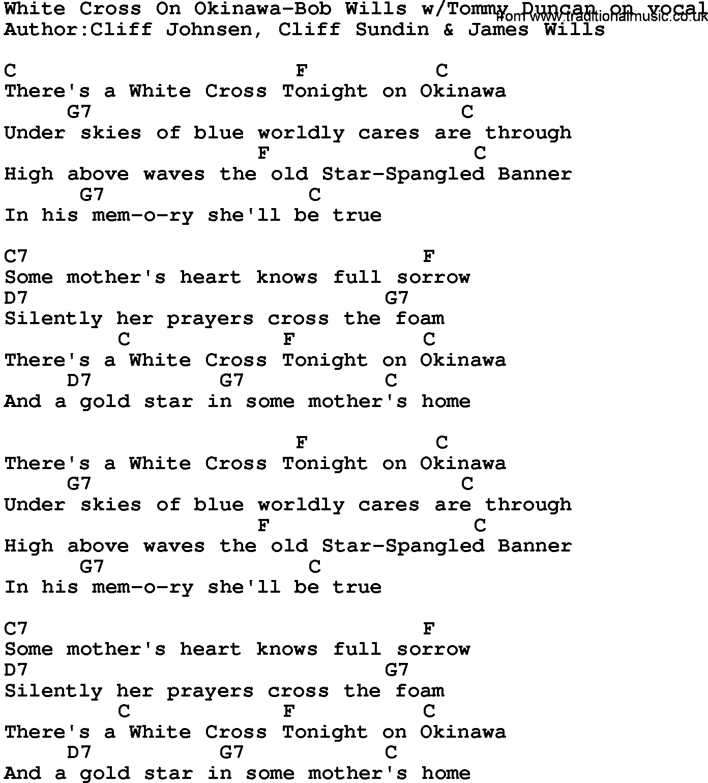 Country music song: White Cross On Okinawa-Bob Wills lyrics and chords