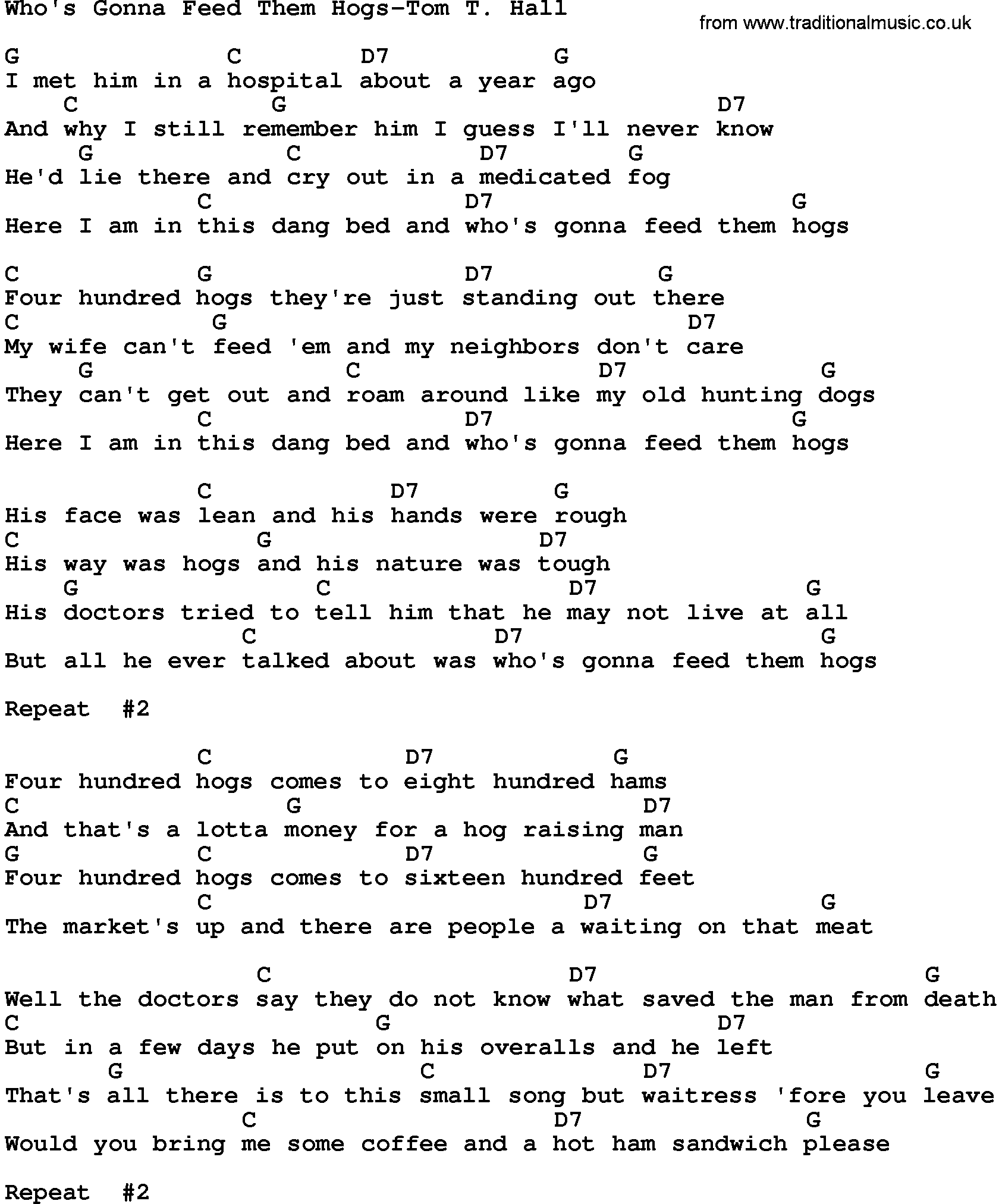 Country music song: Who's Gonna Feed Them Hogs-Tom T Hall lyrics and chords
