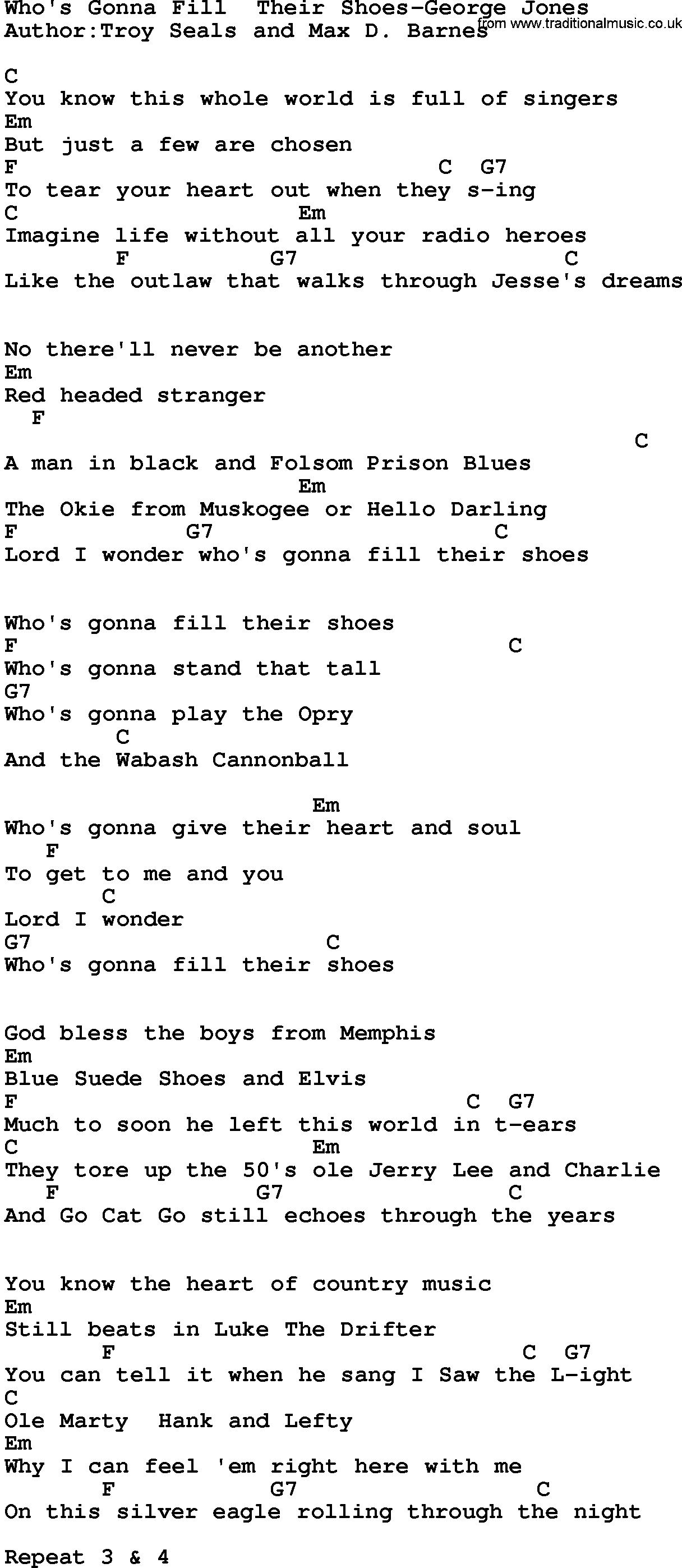 Country music song: Who's Gonna Fill Their Shoes-George Jones lyrics and chords