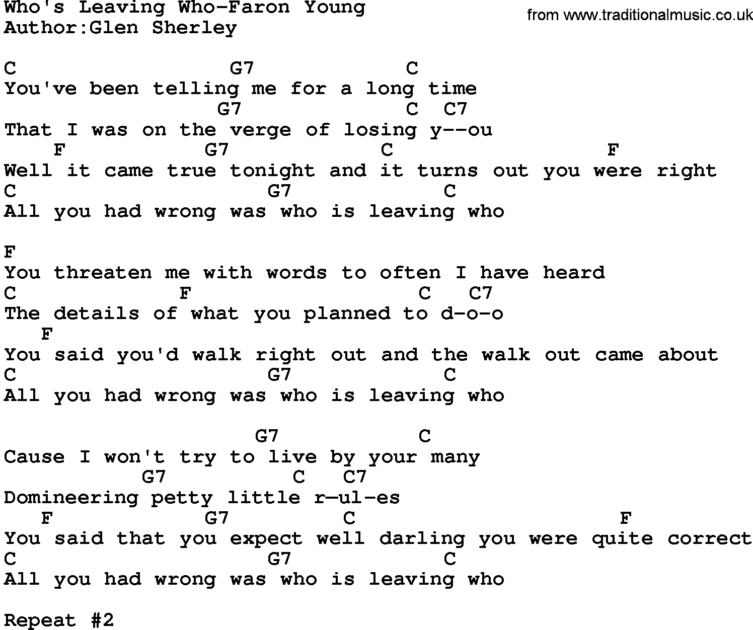 Country music song: Who's Leaving Who-Faron Young lyrics and chords