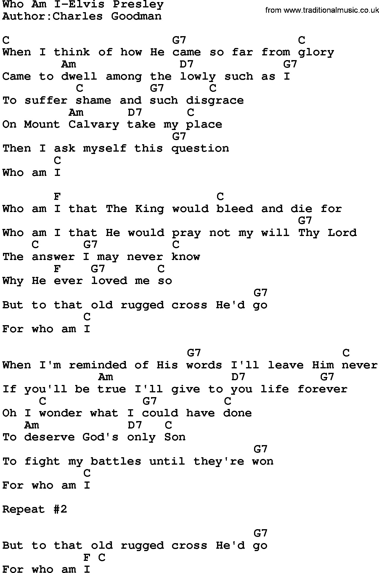 Country music song: Who Am I-Elvis Presley lyrics and chords