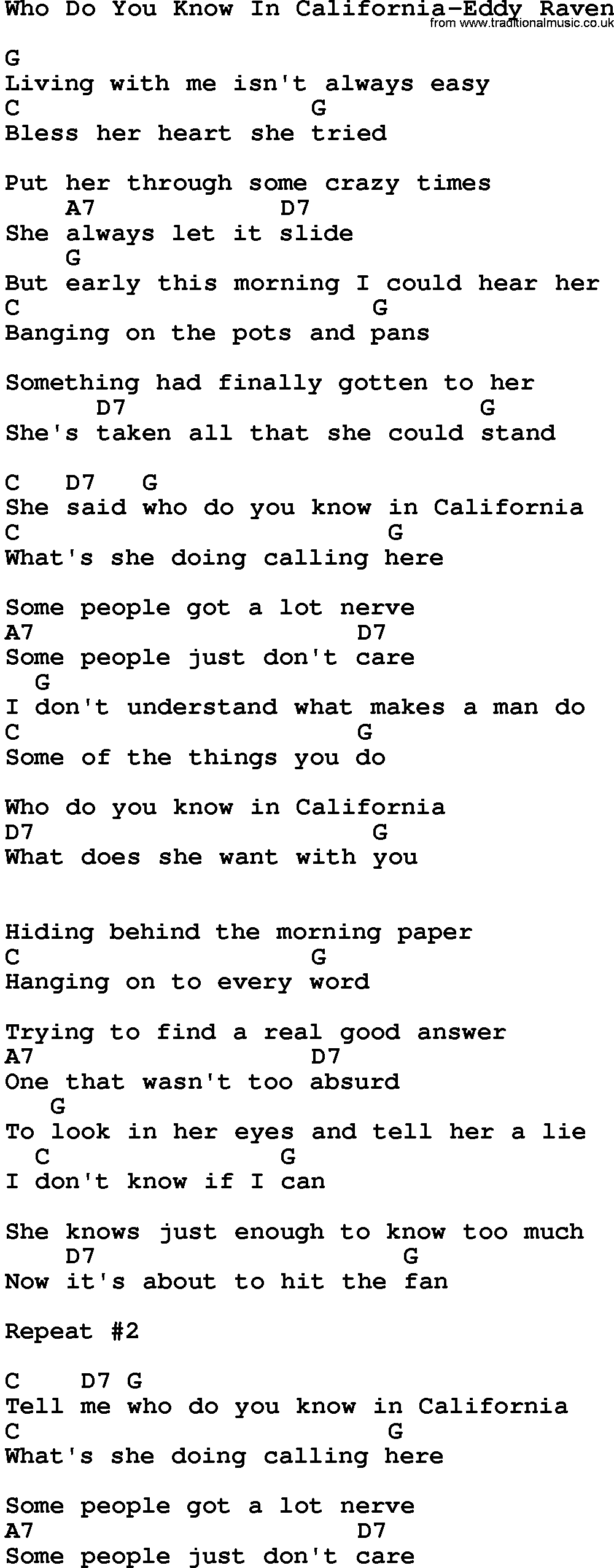 Country music song: Who Do You Know In California-Eddy Raven lyrics and chords