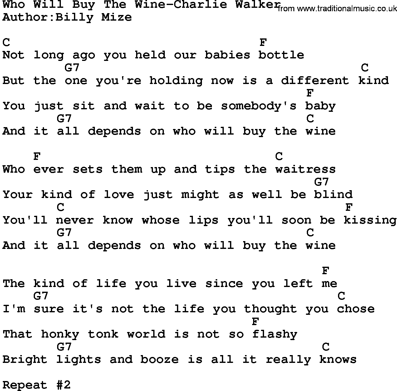 Country music song: Who Will Buy The Wine-Charlie Walker lyrics and chords