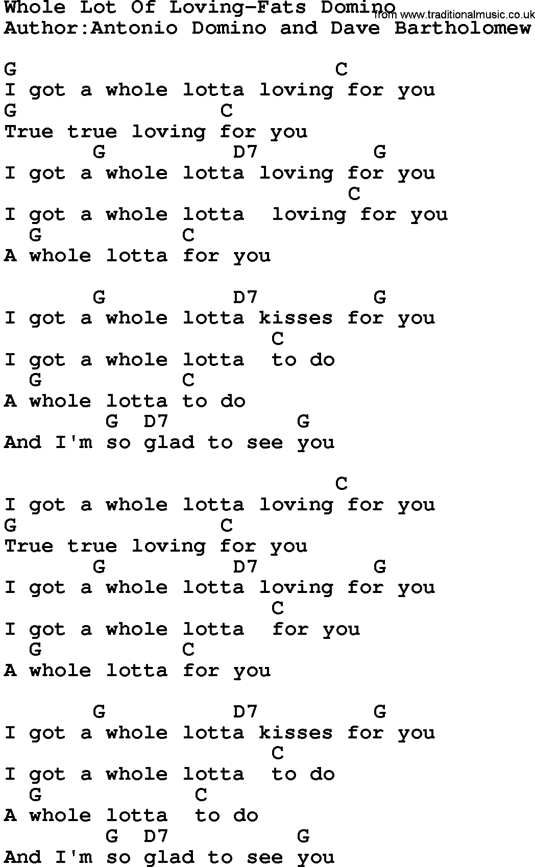 Country music song: Whole Lot Of Loving-Fats Domino lyrics and chords