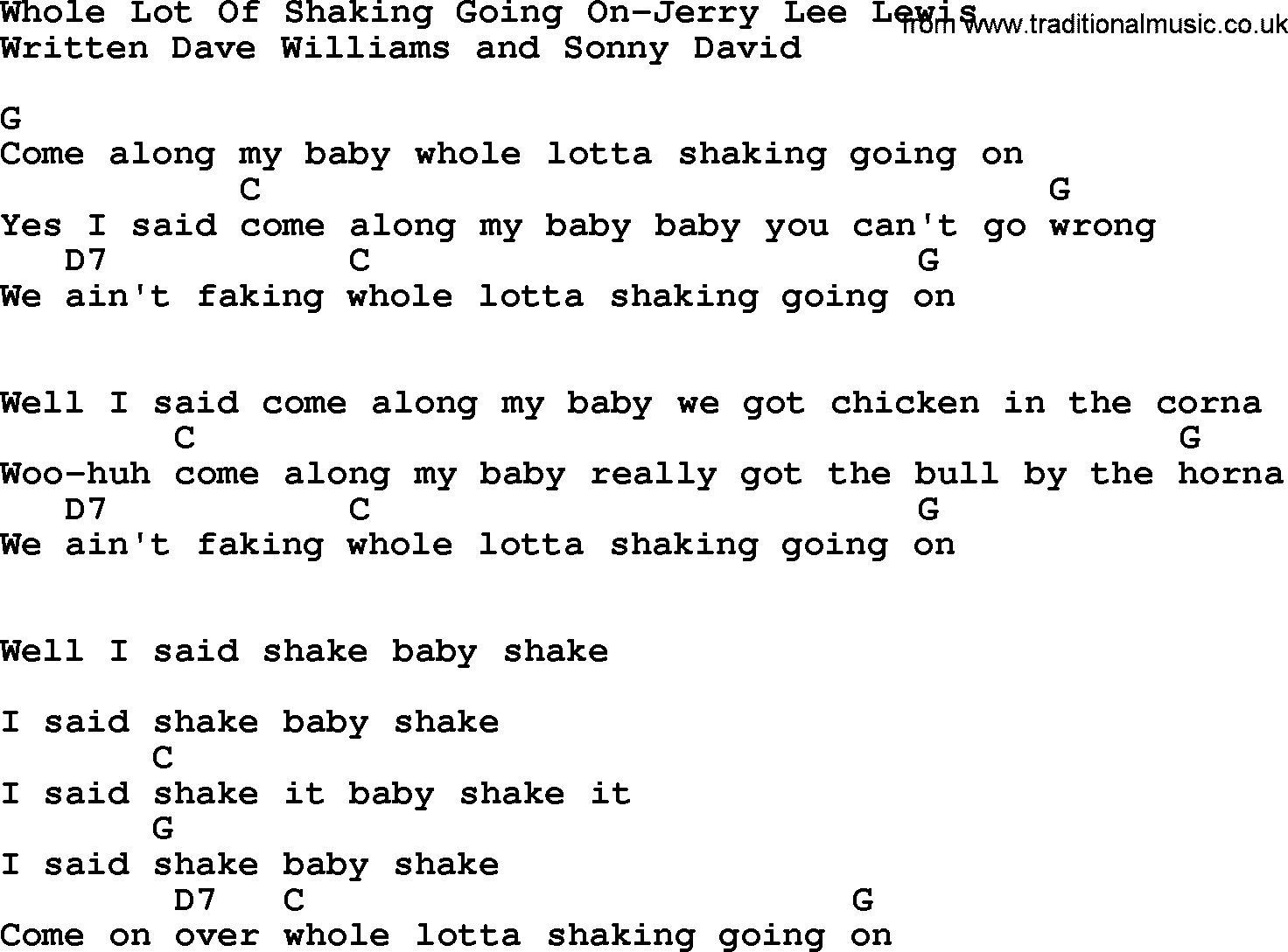 Country music song: Whole Lot Of Shaking Going On-Jerry Lee Lewis lyrics and chords