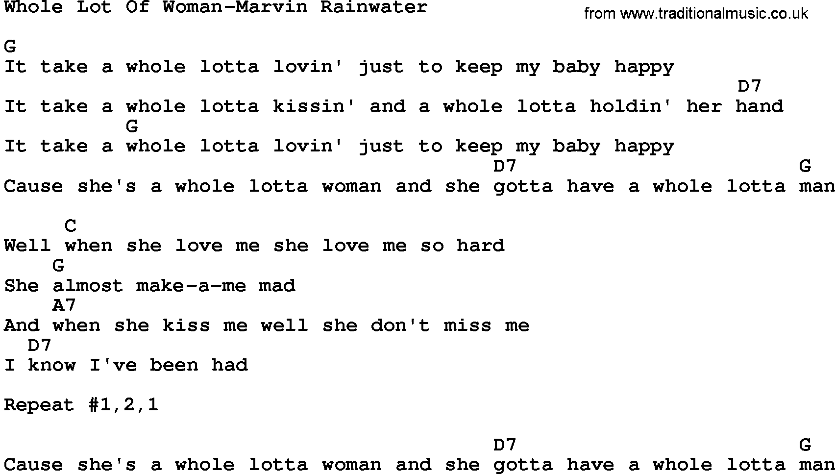 Country music song: Whole Lot Of Woman-Marvin Rainwater lyrics and chords