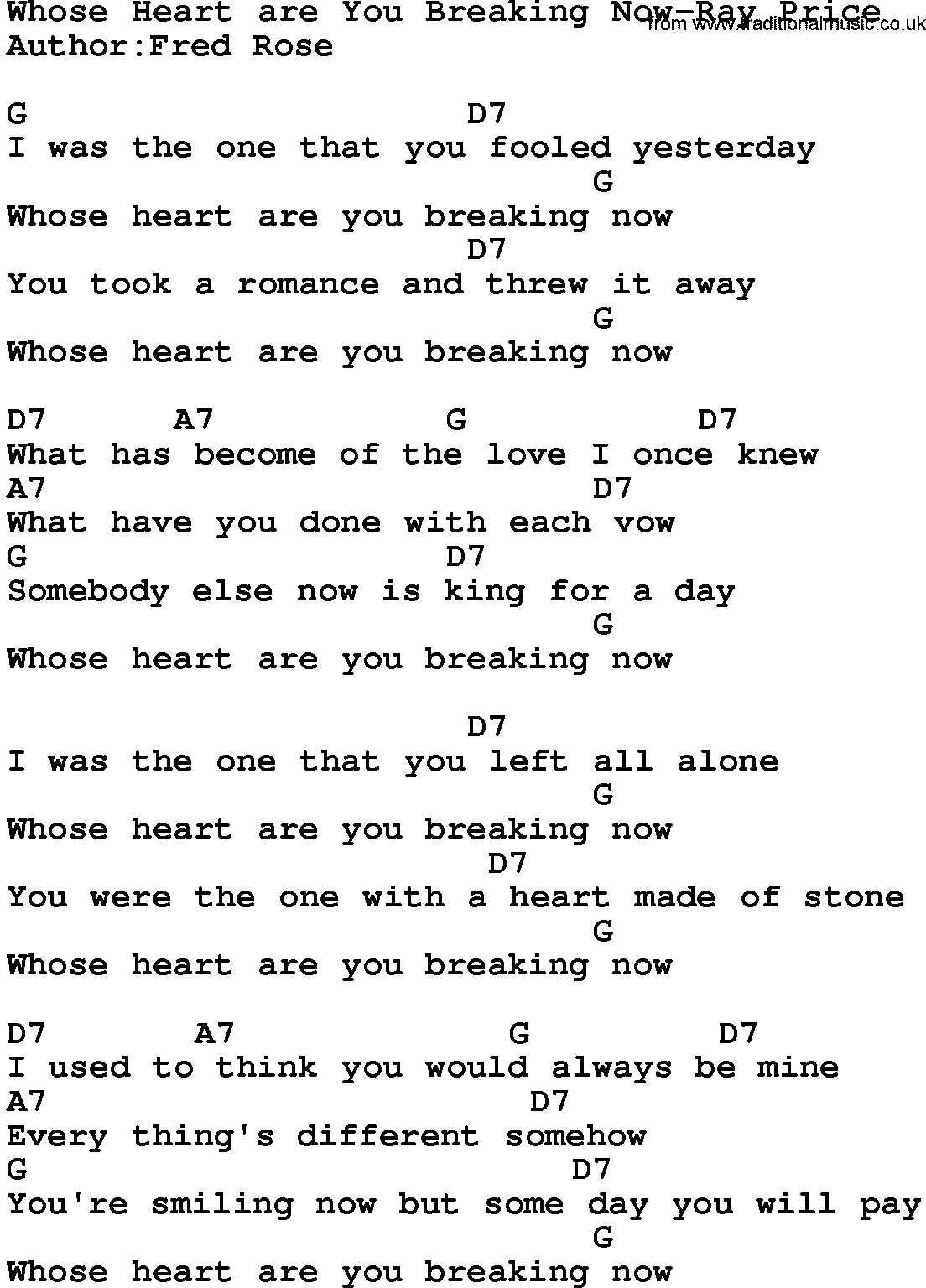Country music song: Whose Heart Are You Breaking Now-Ray Price lyrics and chords