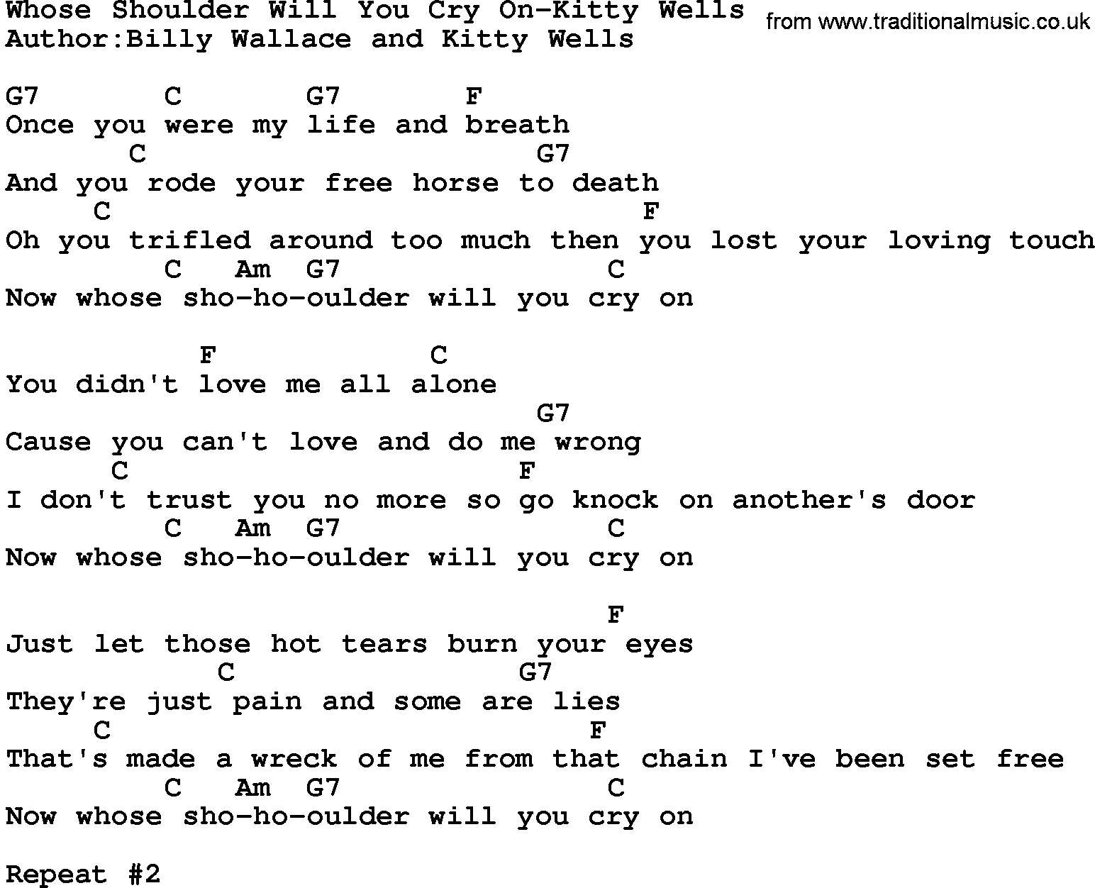 Country music song: Whose Shoulder Will You Cry On-Kitty Wells lyrics and chords