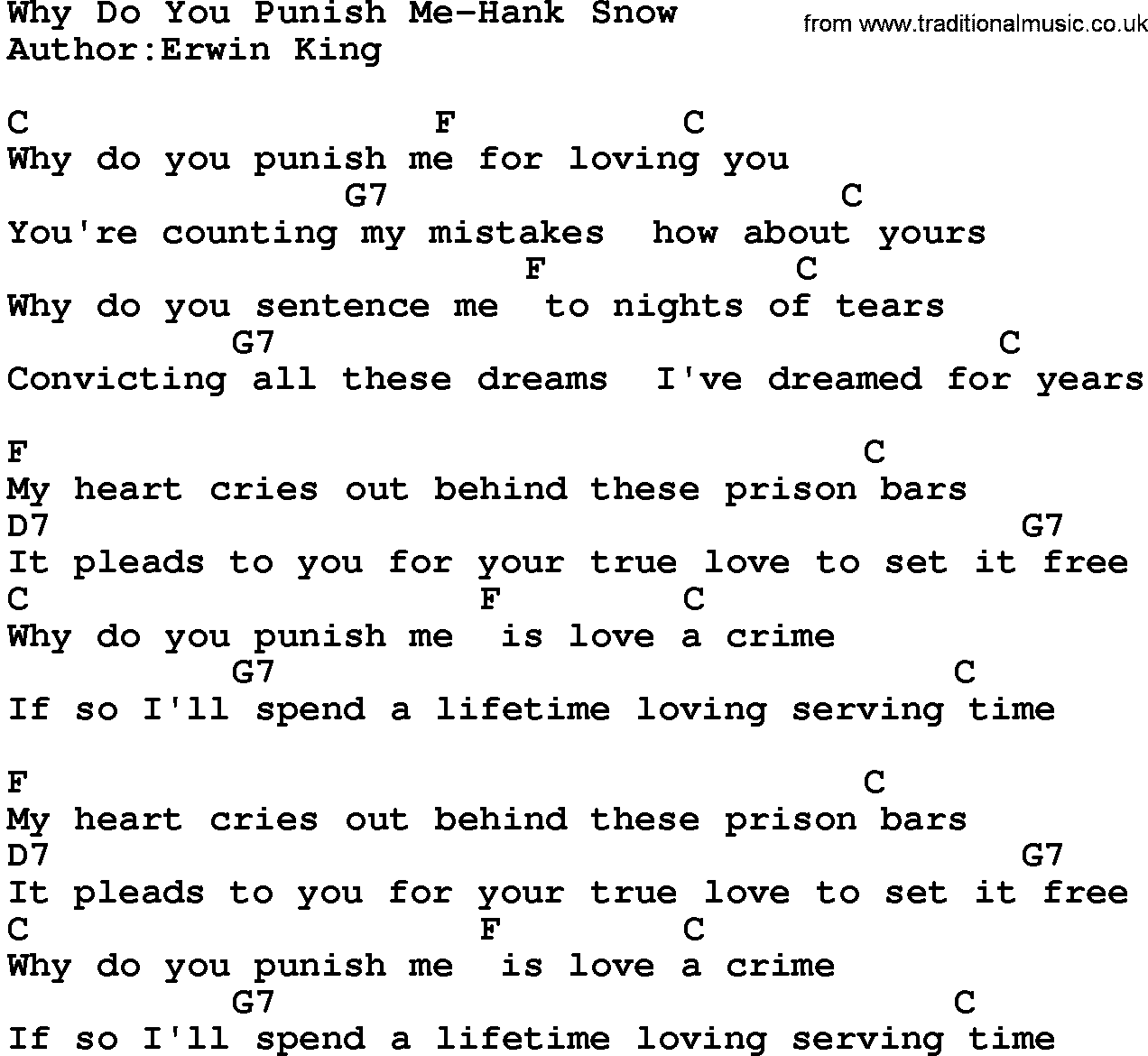 Country music song: Why Do You Punish Me-Hank Snow lyrics and chords
