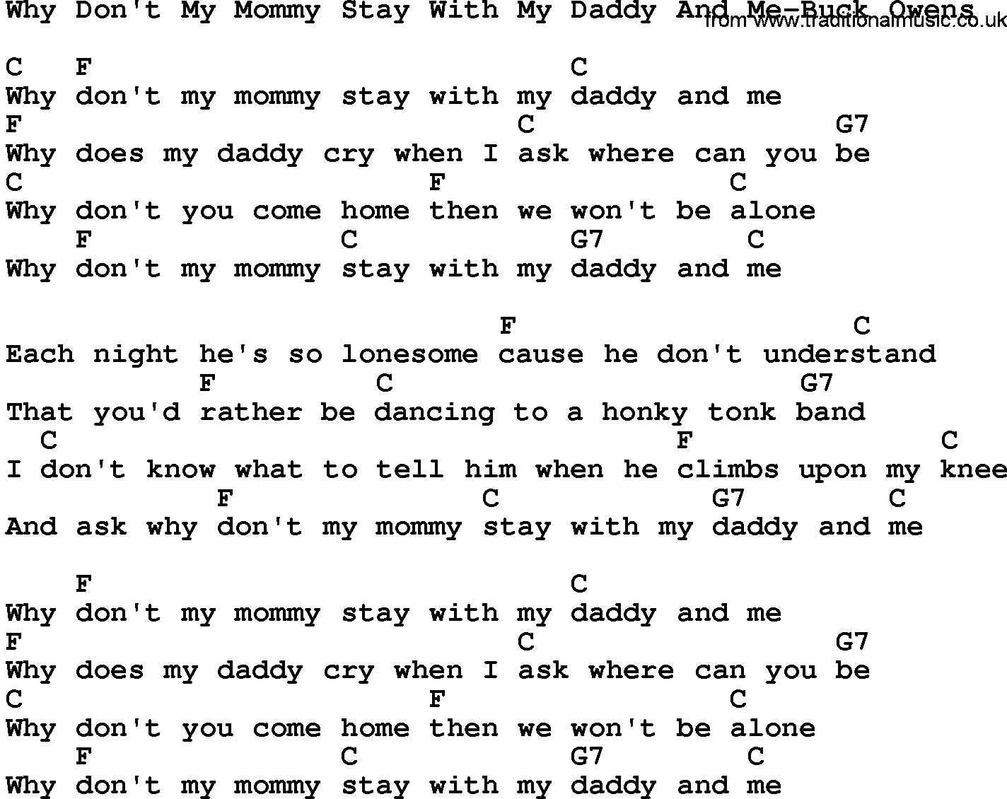 Country music song: Why Don't My Mommy Stay With My Daddy And Me-Buck Owens lyrics and chords