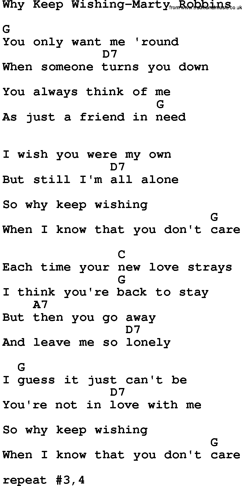 Country music song: Why Keep Wishing-Marty Robbins lyrics and chords