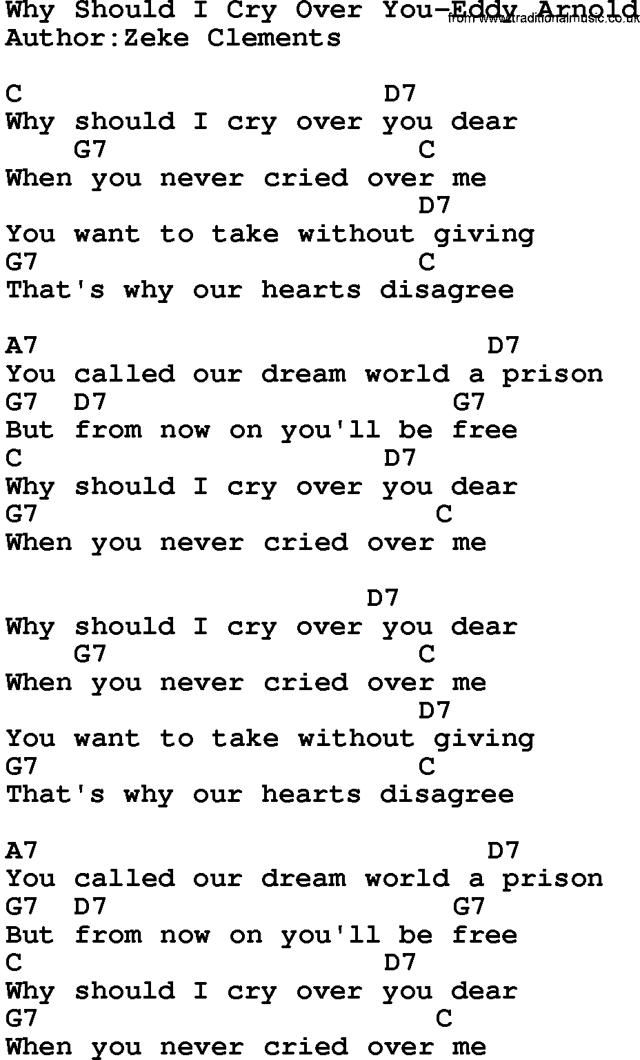 Country music song: Why Should I Cry Over You-Eddy Arnold lyrics and chords