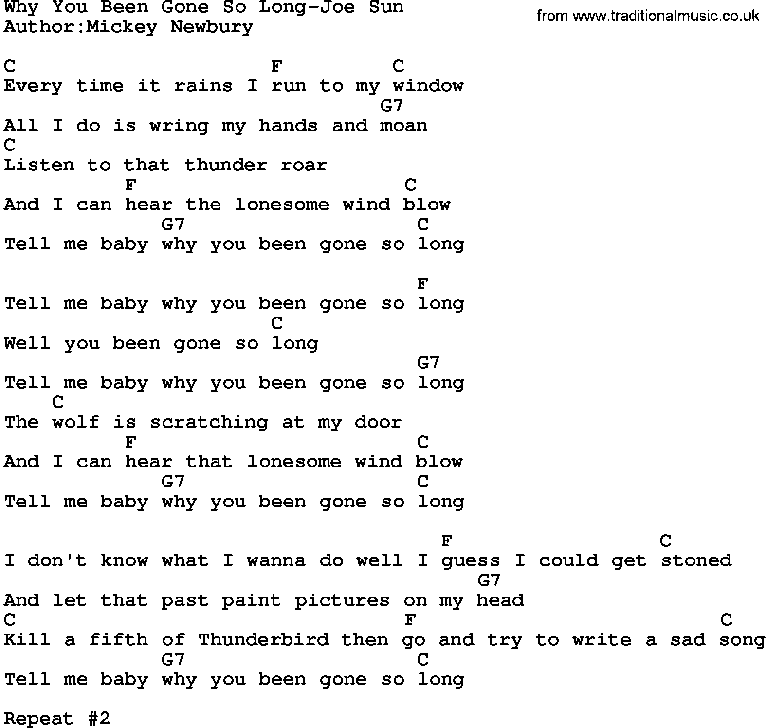 Country music song: Why You Been Gone So Long-Joe Sun lyrics and chords
