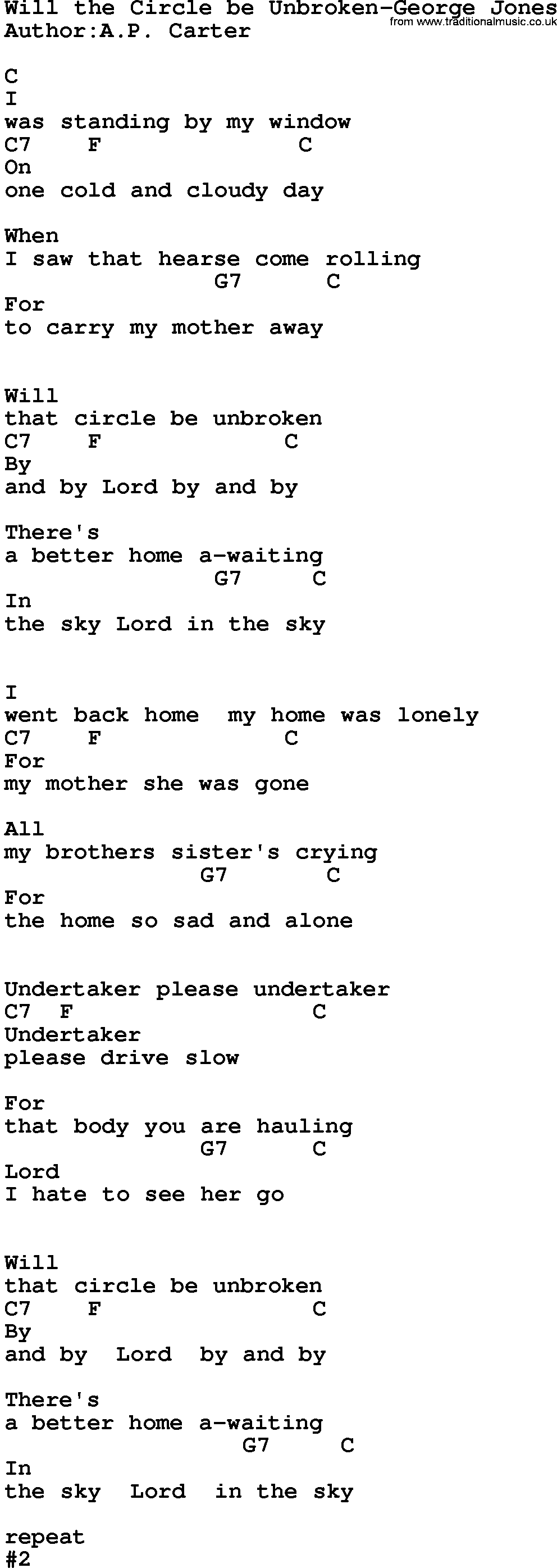 Country music song: Will The Circle Be Unbroken-George Jones lyrics and chords