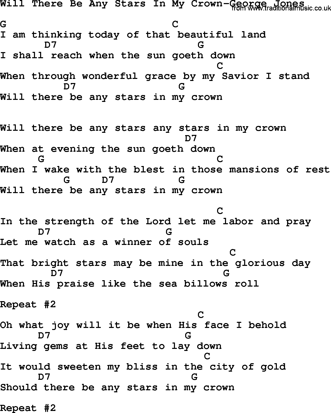 Country music song: Will There Be Any Stars In My Crown-George Jones lyrics and chords