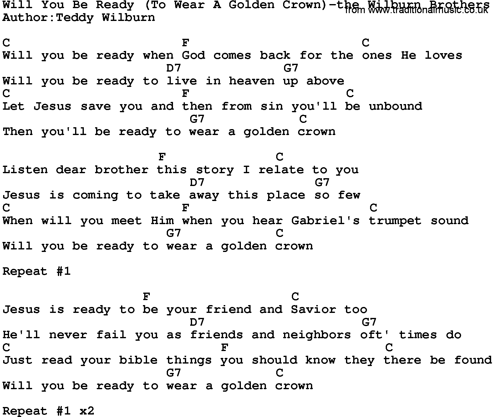 Country music song: Will You Be Ready(To Wear A Golden Crown)-The Wilburn Brothers lyrics and chords