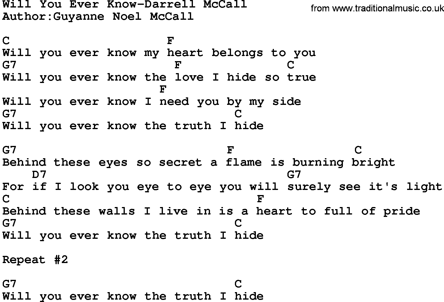 Country music song: Will You Ever Know-Darrell Mccall lyrics and chords