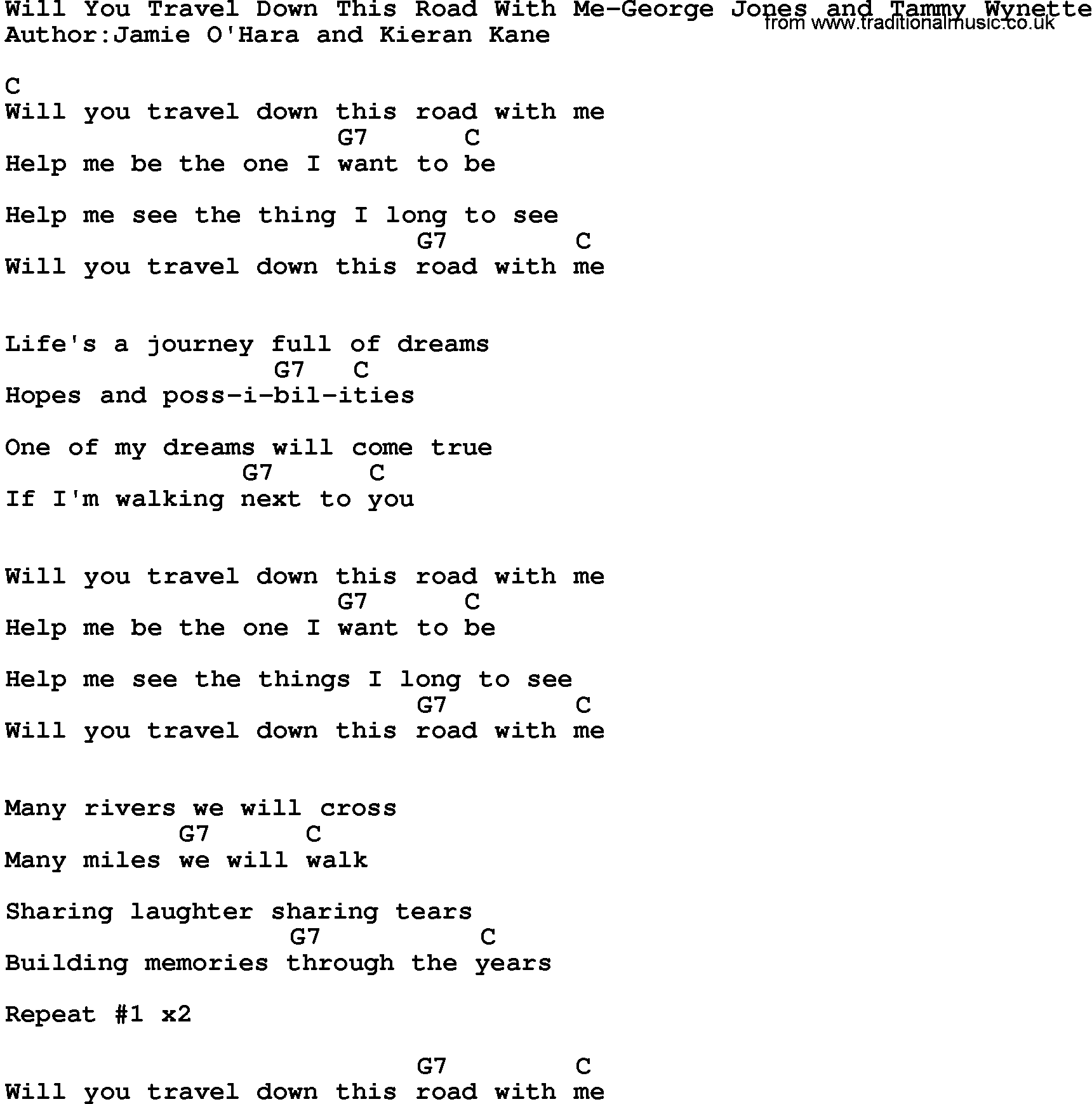 Country music song: Will You Travel Down This Road With Me-George Jones And Tammy Wynette lyrics and chords