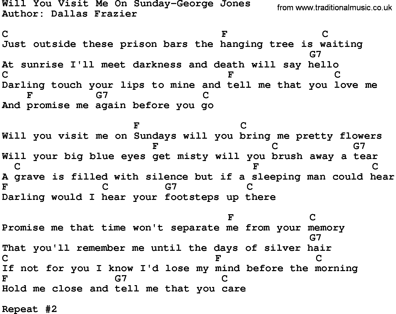 Country music song: Will You Visit Me On Sunday-George Jones lyrics and chords