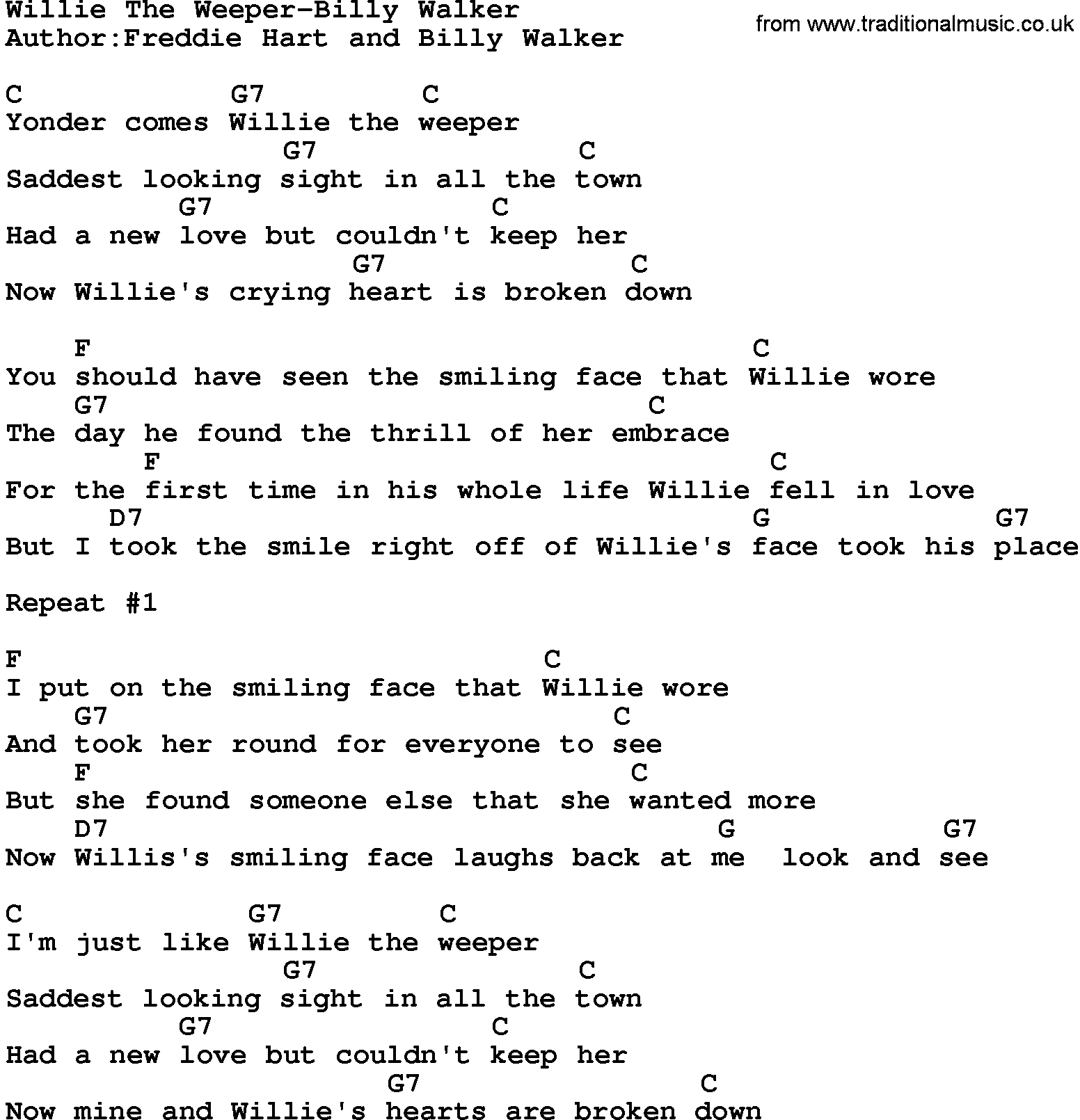 Country music song: Willie The Weeper-Billy Walker lyrics and chords