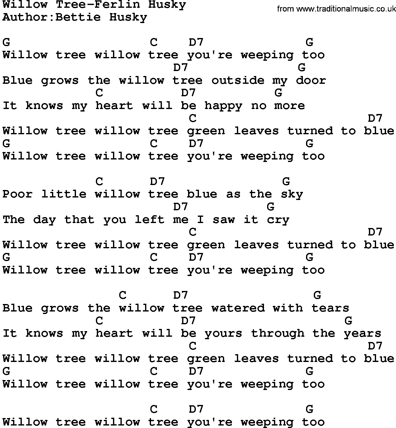 Country music song: Willow Tree-Ferlin Husky lyrics and chords