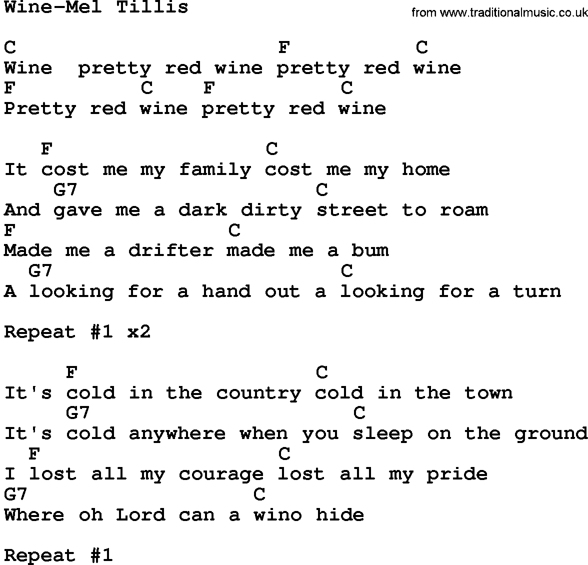Country music song: Wine-Mel Tillis lyrics and chords