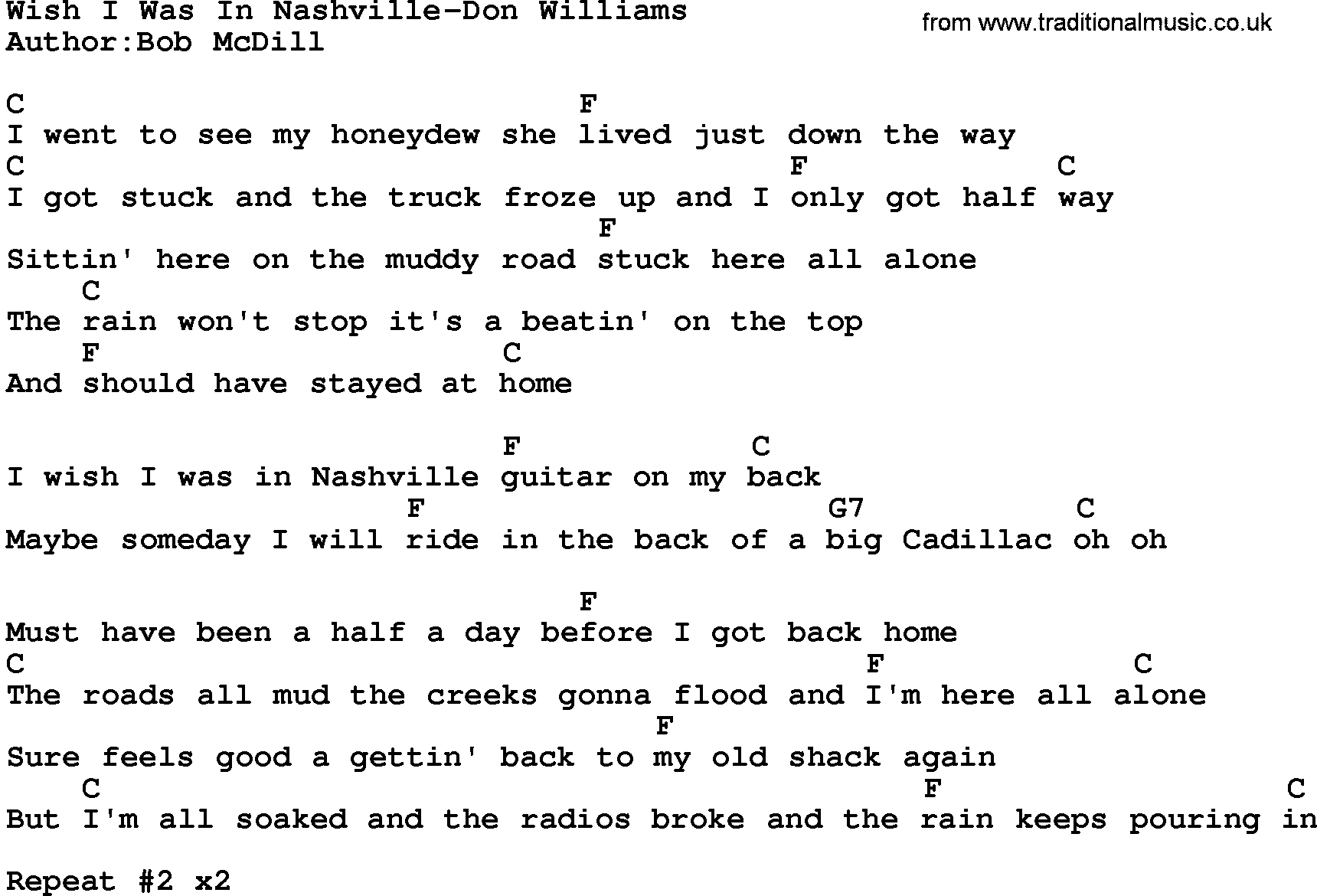 Country music song: Wish I Was In Nashville-Don Williams lyrics and chords