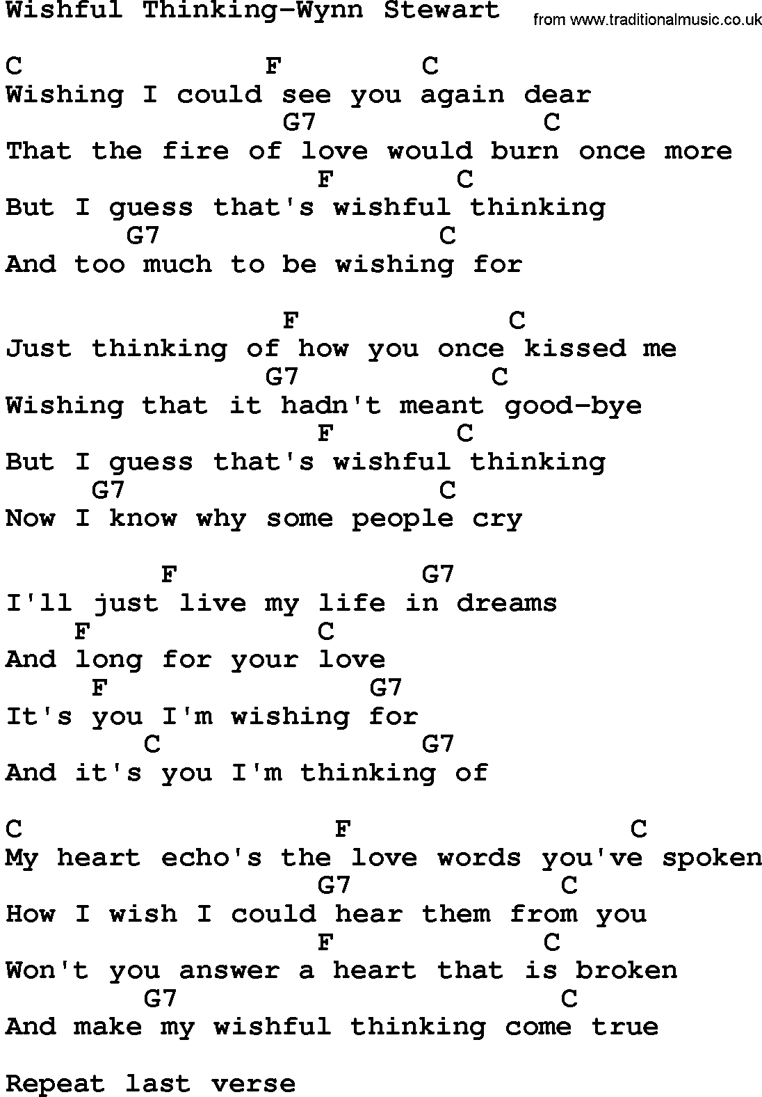 Country music song: Wishful Thinking-Wynn Stewart lyrics and chords