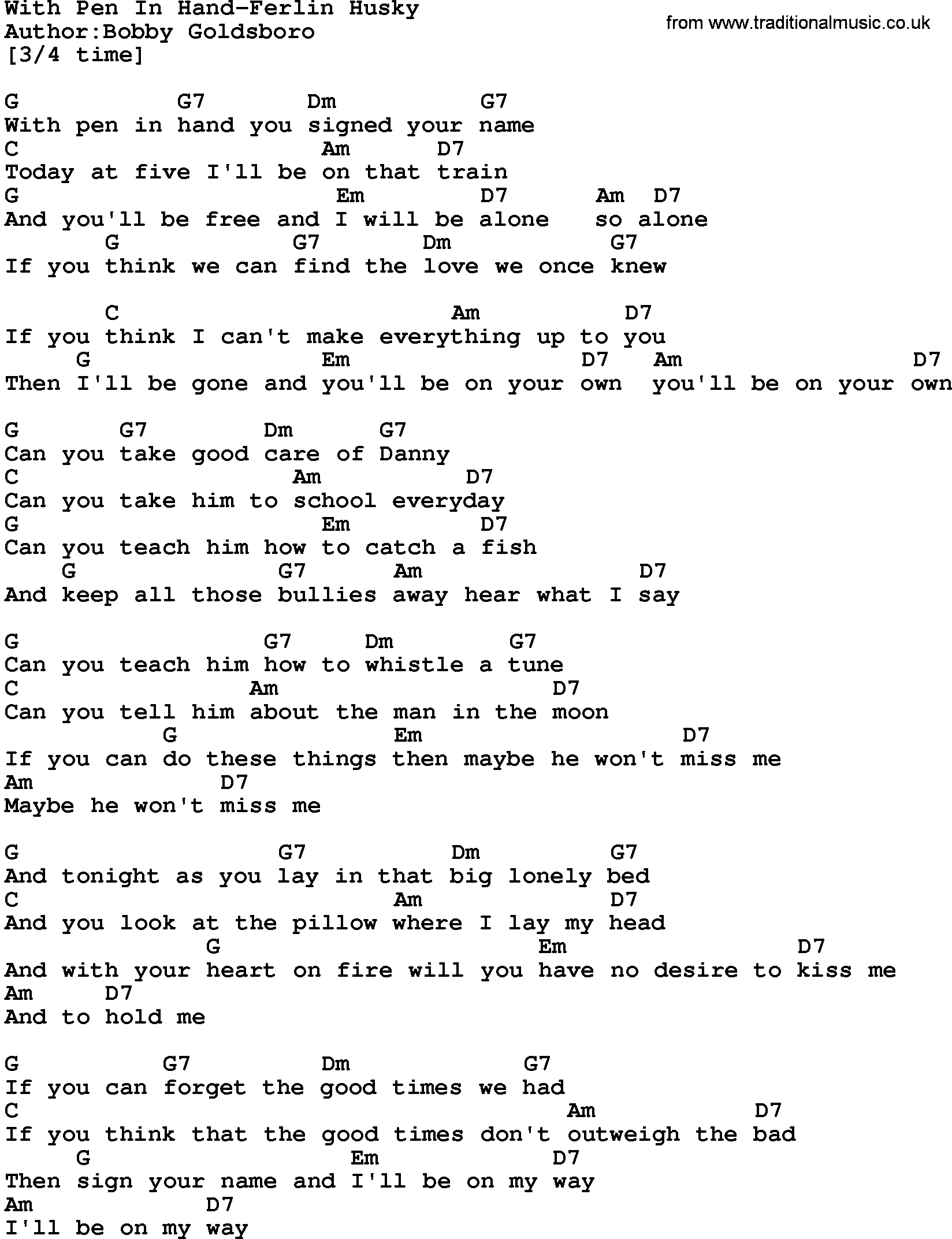 Country music song: With Pen In Hand-Ferlin Husky lyrics and chords