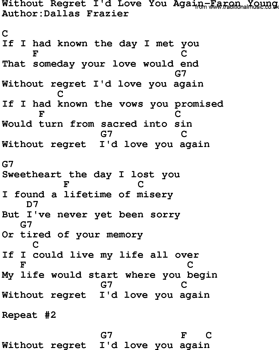 Country music song: Without Regret I'd Love You Again-Faron Young lyrics and chords