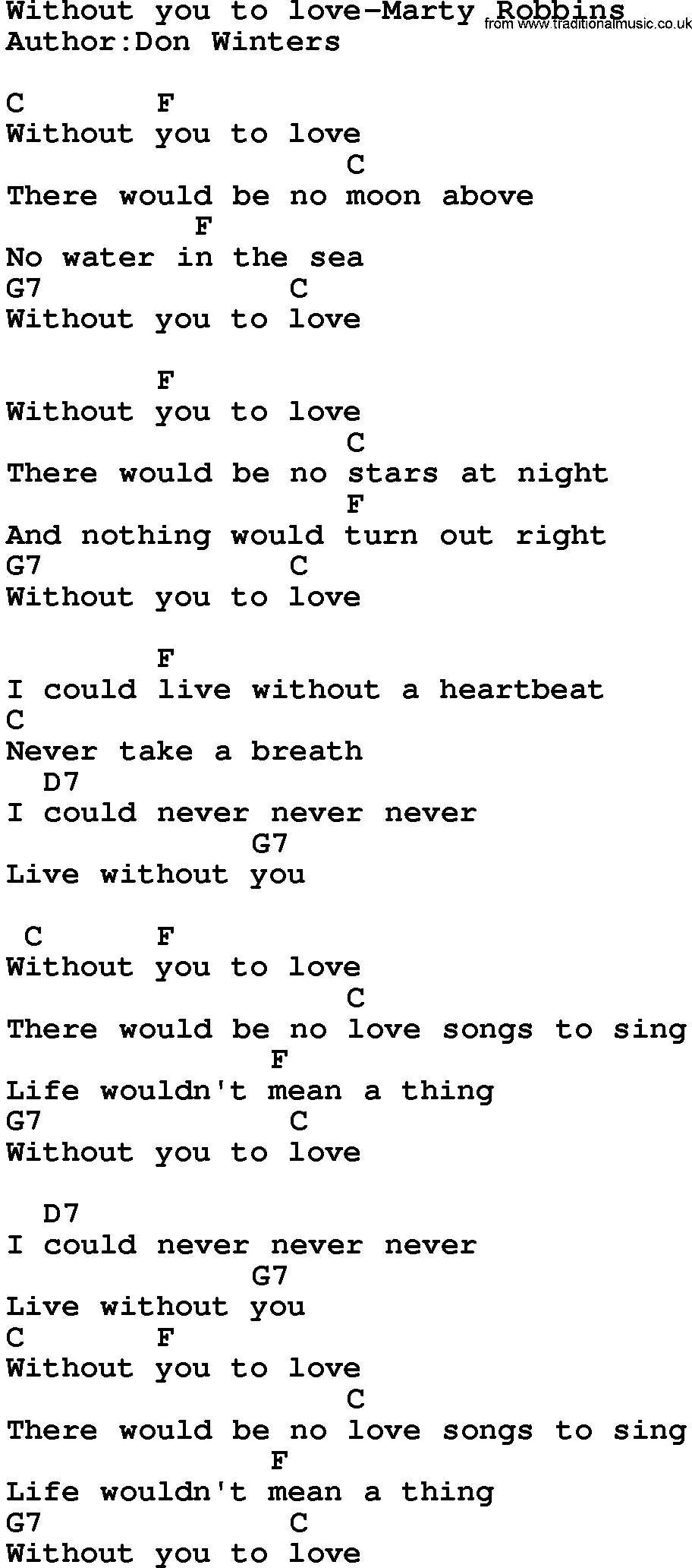 Country music song: Without You To Love-Marty Robbins lyrics and chords