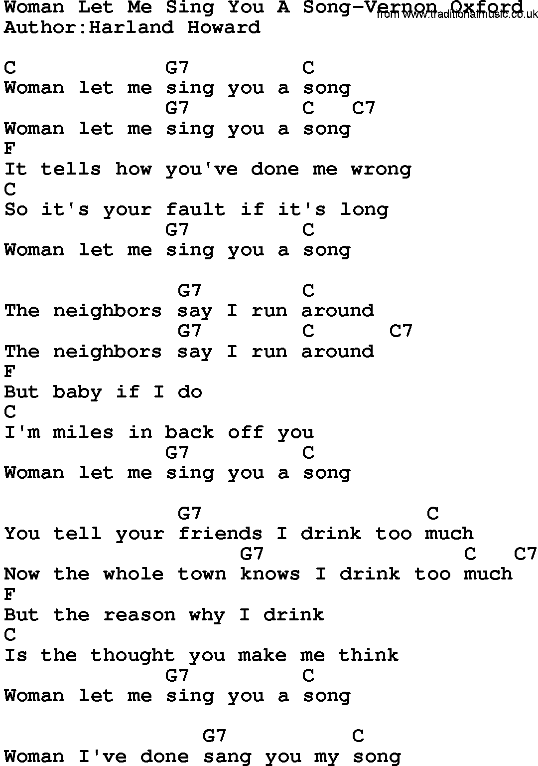 Country music song: Woman Let Me Sing You A Song-Vernon Oxford lyrics and chords