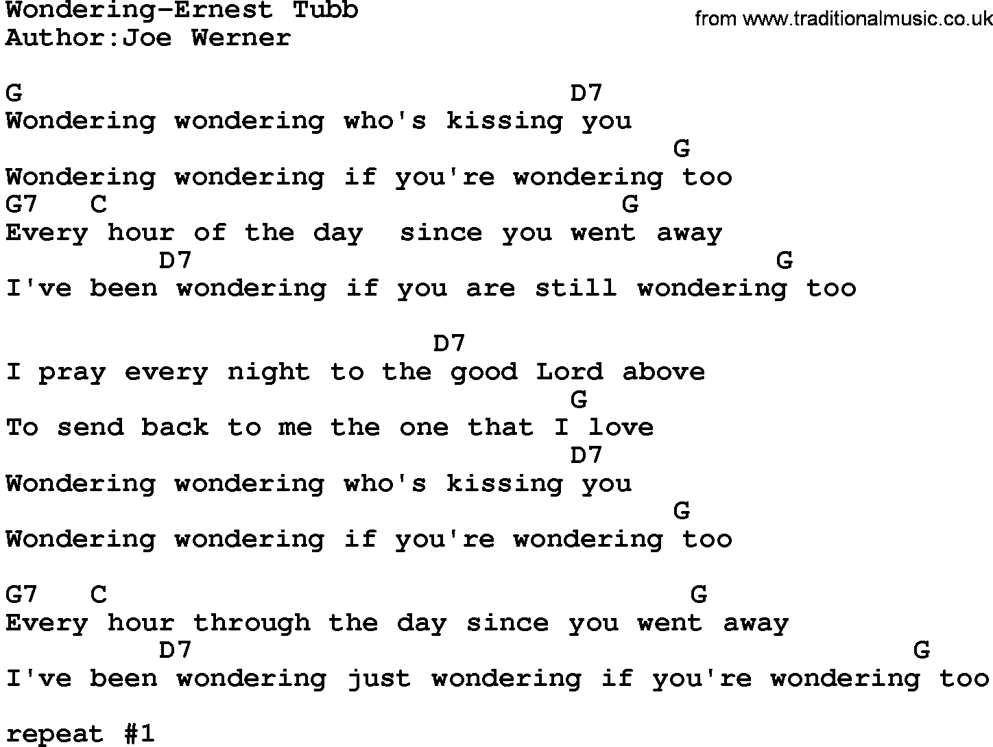 Country music song: Wondering-Ernest Tubb  lyrics and chords