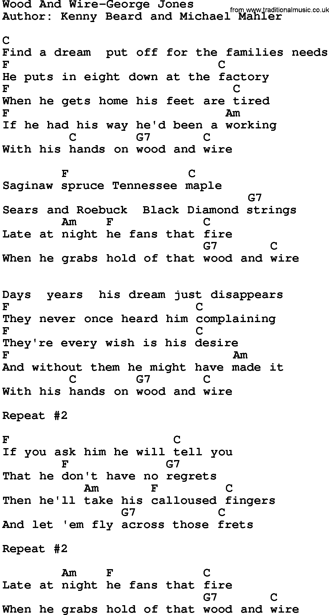 Country music song: Wood And Wire-George Jones lyrics and chords