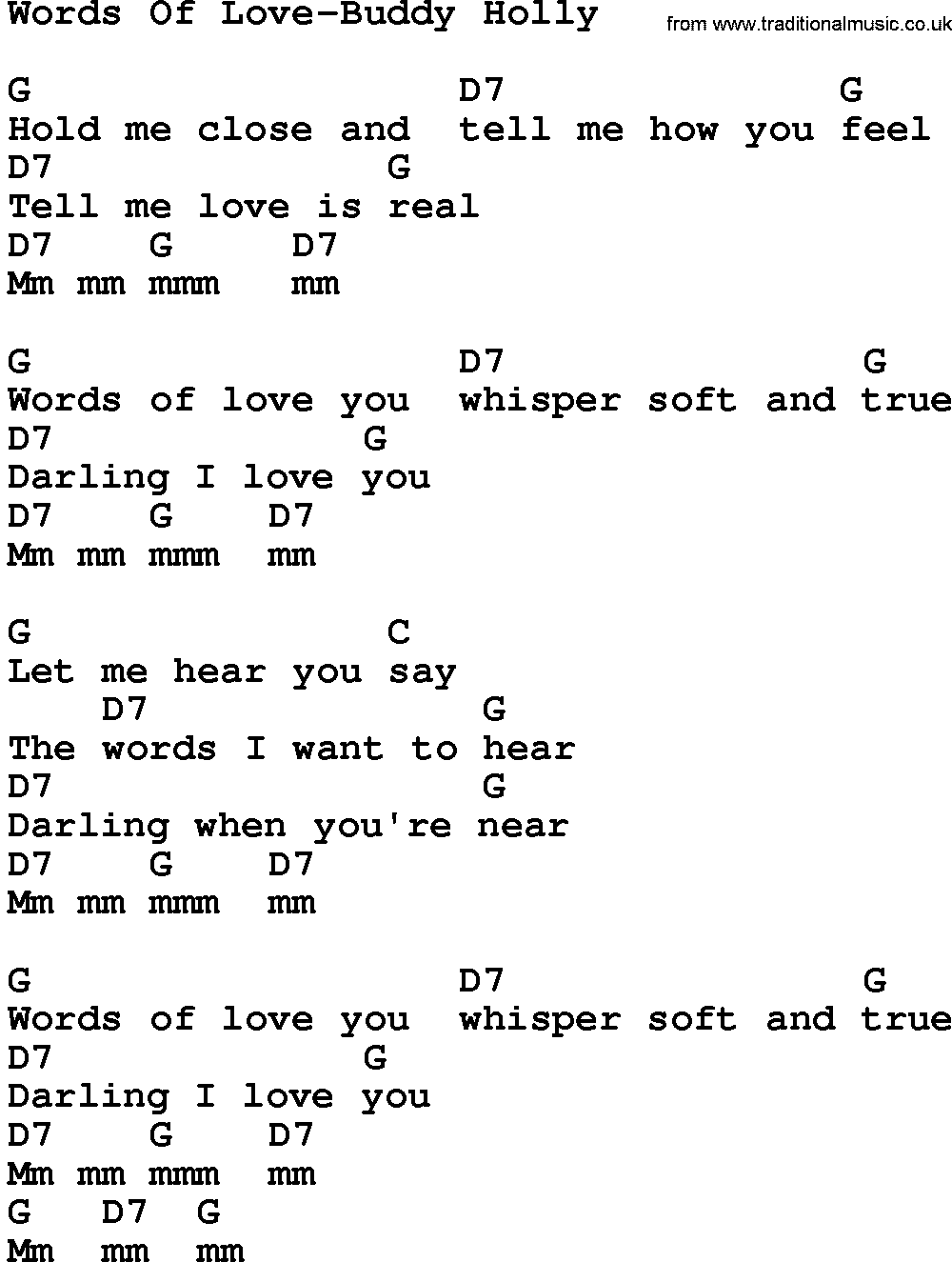 Country music song: Words Of Love-Buddy Holly lyrics and chords