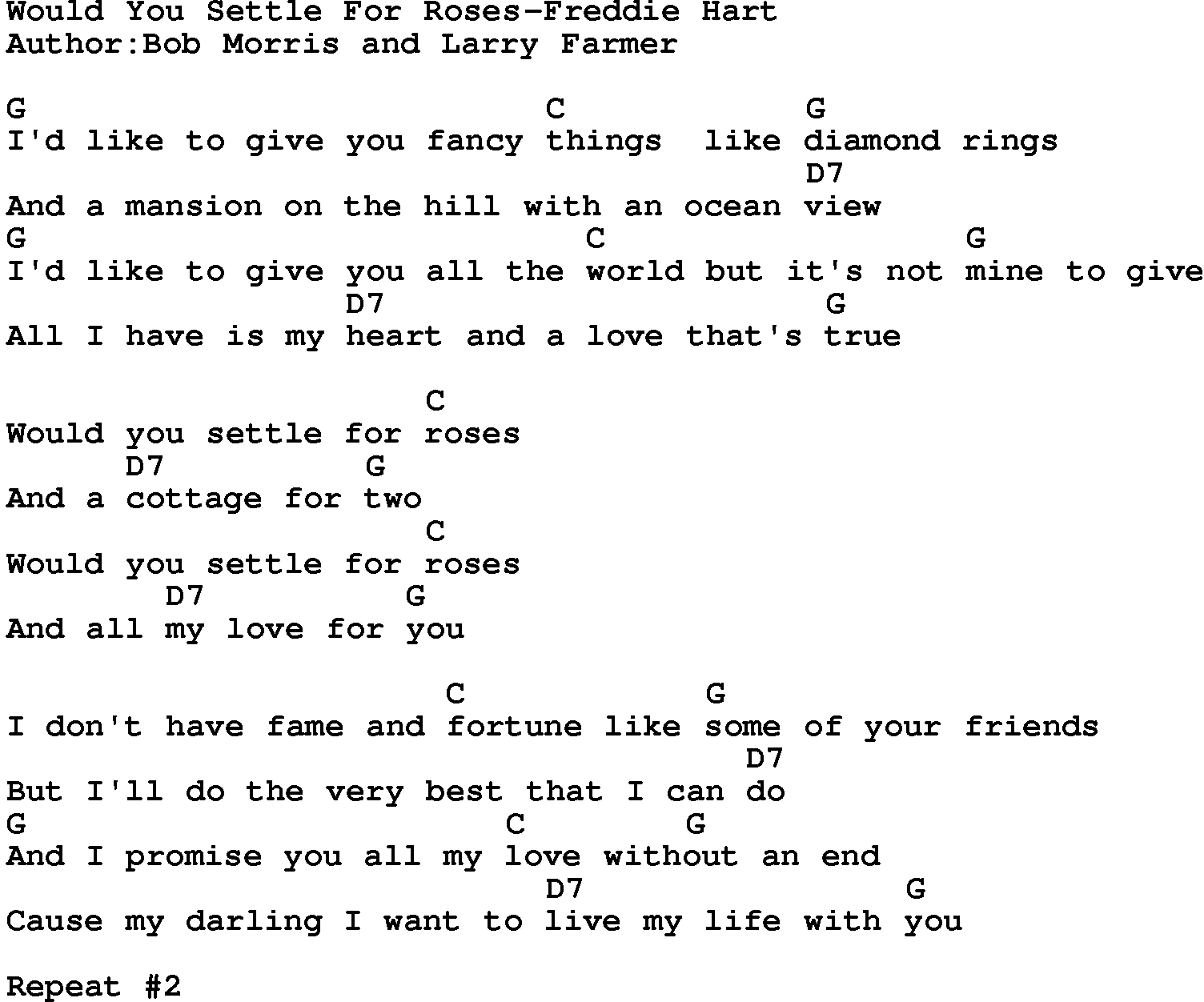 Country music song: Would You Settle For Roses-Freddie Hart lyrics and chords