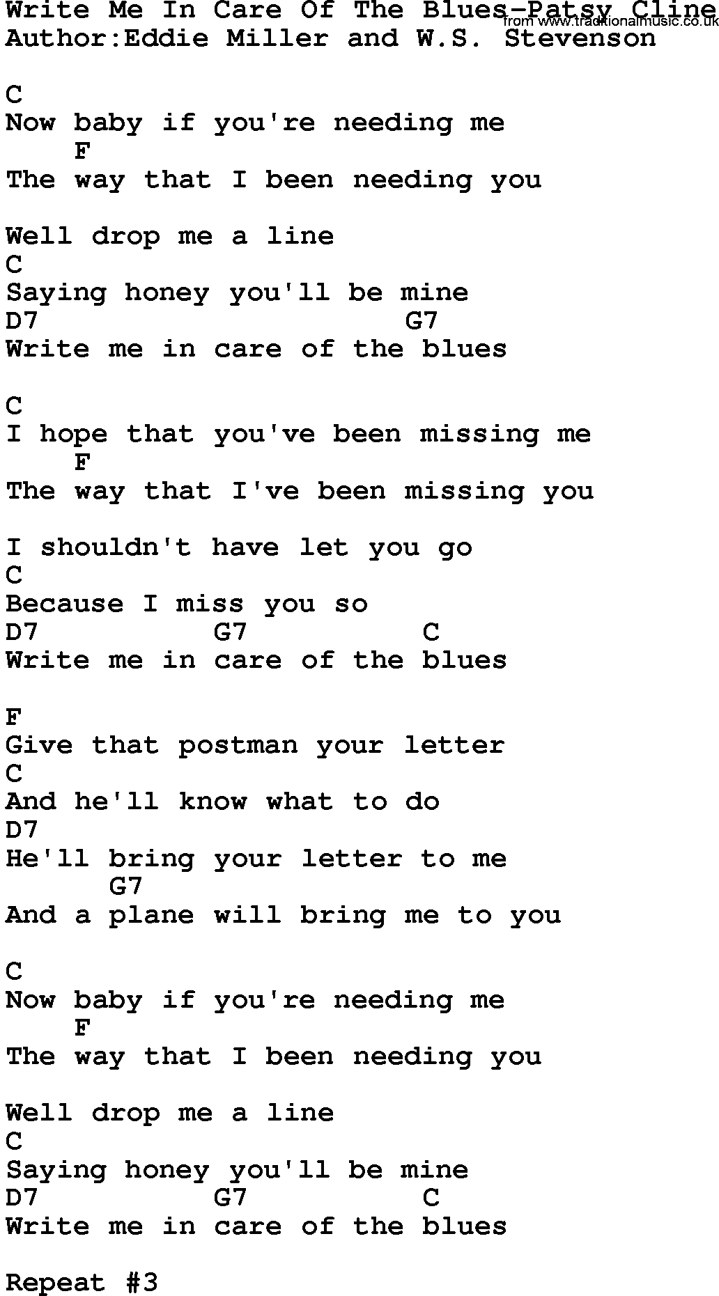 Country music song: Write Me In Care Of The Blues-Patsy Cline lyrics and chords