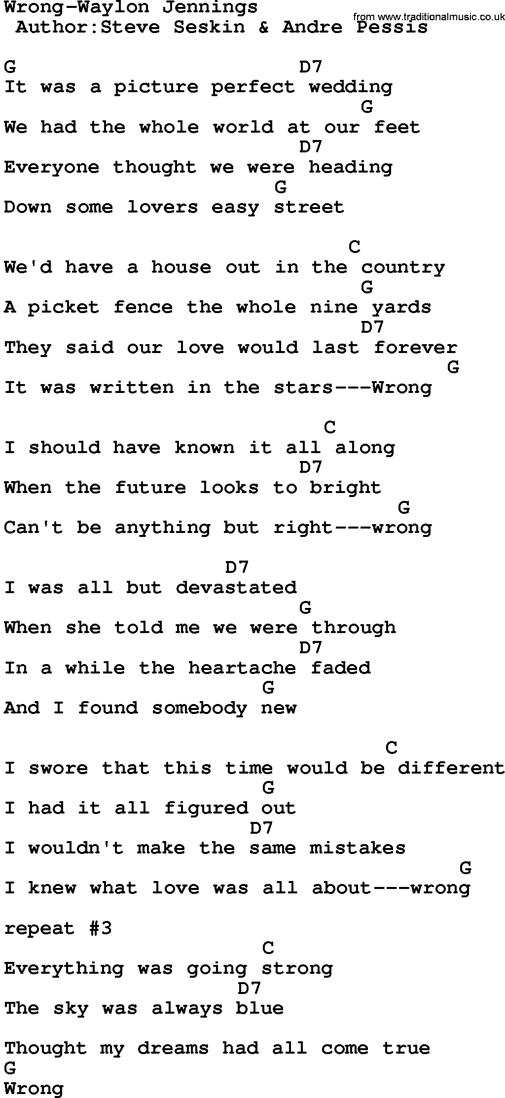 Country music song: Wrong-Waylon Jennings lyrics and chords
