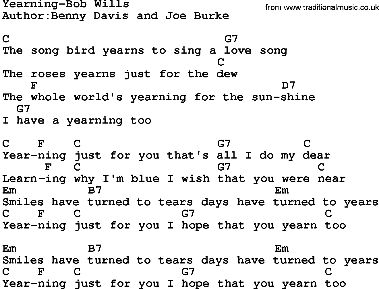 Country music song: Yearning-Bob Wills lyrics and chords