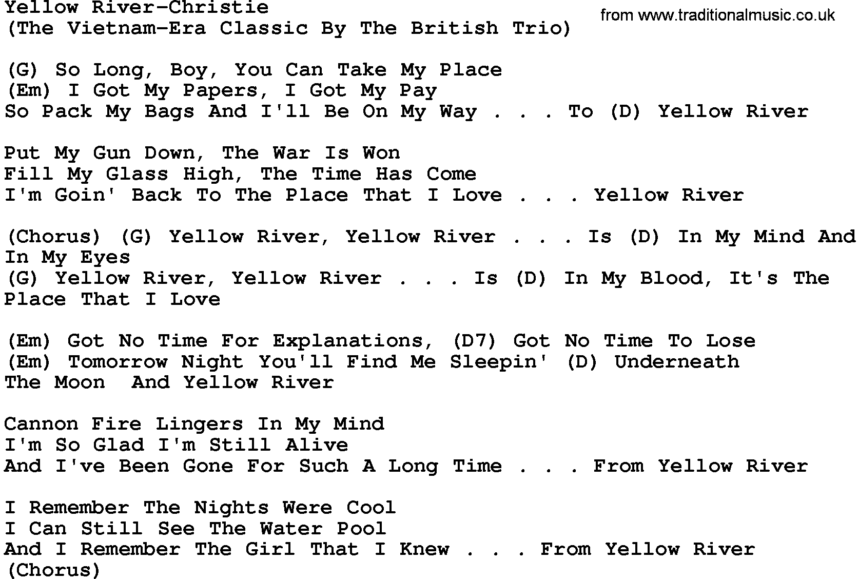 Country music song: Yellow River-Christie lyrics and chords