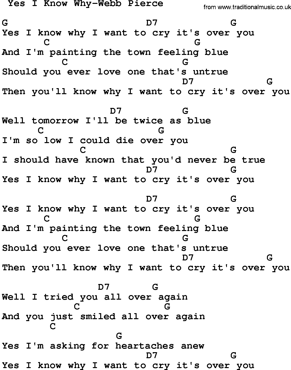 Country music song: Yes I Know Why-Webb Pierce  lyrics and chords