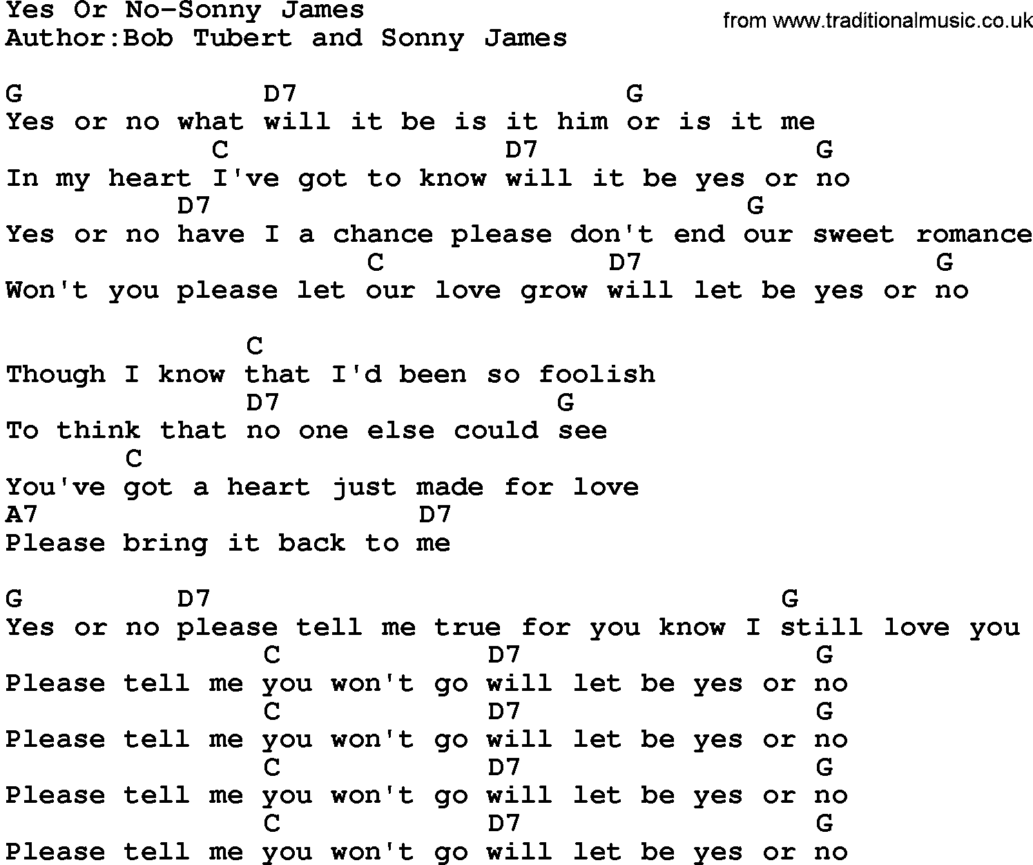 Country music song: Yes Or No-Sonny James lyrics and chords