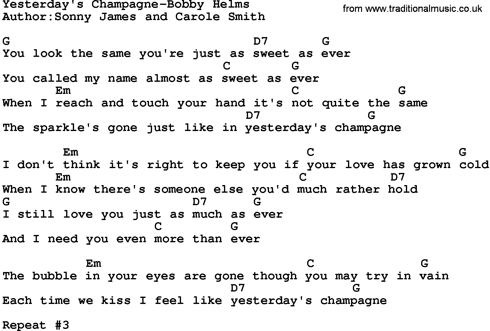 Country music song: Yesterday's Champagne-Bobby Helms lyrics and chords