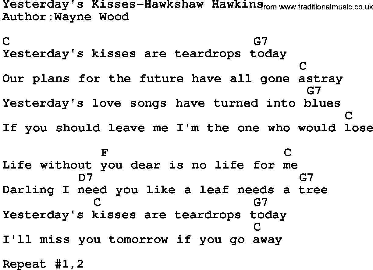 Country music song: Yesterday's Kisses-Hawkshaw Hawkins lyrics and chords