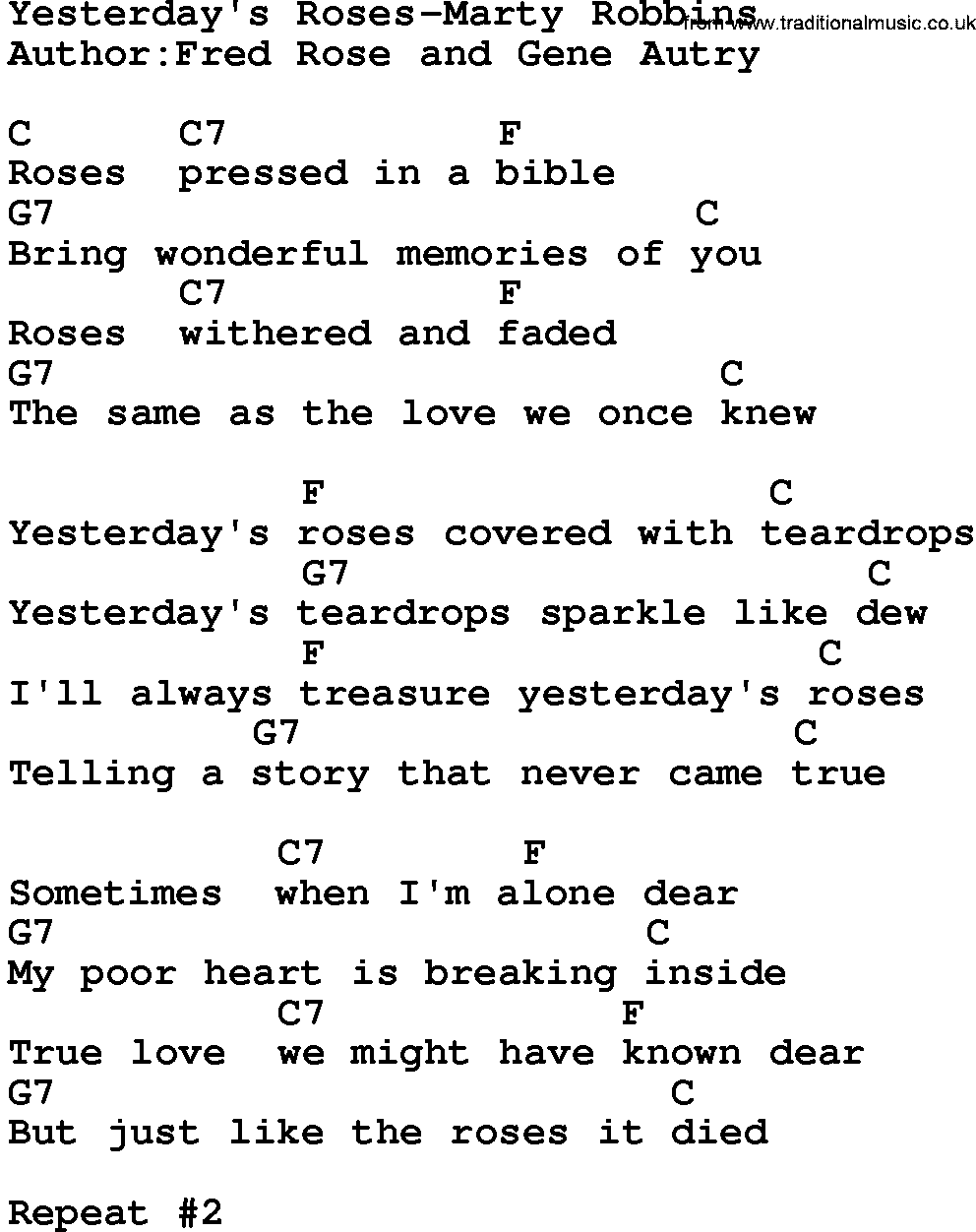 Country music song: Yesterday's Roses-Marty Robbins lyrics and chords