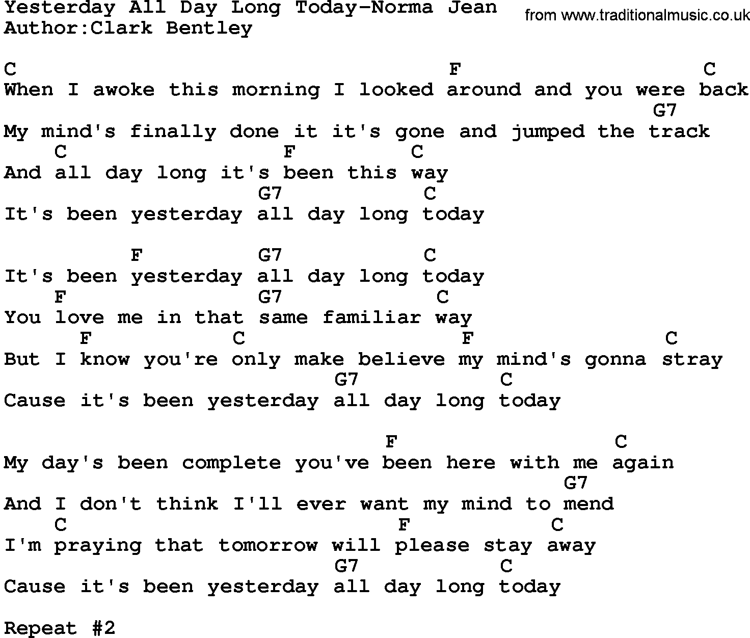 Country music song: Yesterday All Day Long Today-Norma Jean lyrics and chords